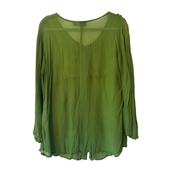 Vintage Boho Chic Green Embroidered Button-Down Tunic Top By CGNY Long Sleeve - Picture 3 of 14
